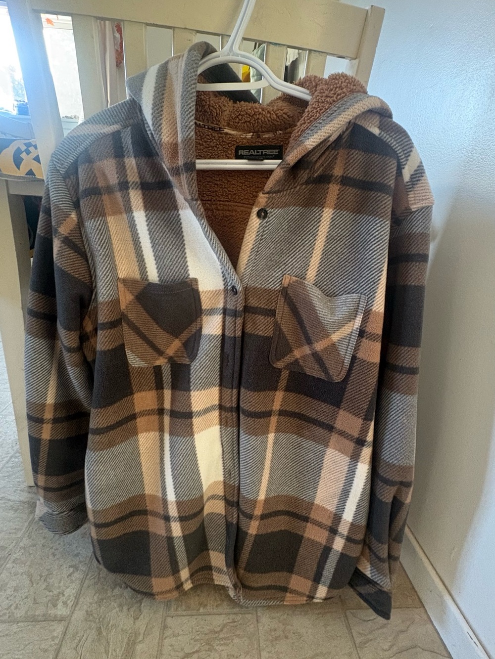 Realtree Women's Hooded Plaid Sherpa Jacket in Brown and Cream